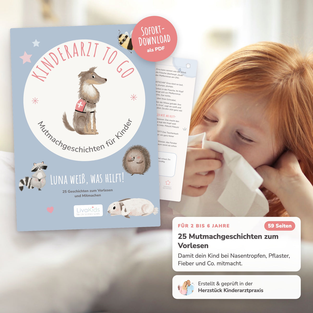 Download-Buch „Luna weiß, was hilft!“ vor einem Mädchen mit Schnupfen im Bett, Mutmachgeschichten für Kinder als PDF
